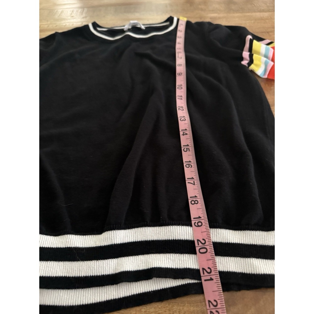 THML Black Knit Sweater Top Rainbow Stripe Sleeve Cuffs Women's Small Preppy - Picture 9 of 9